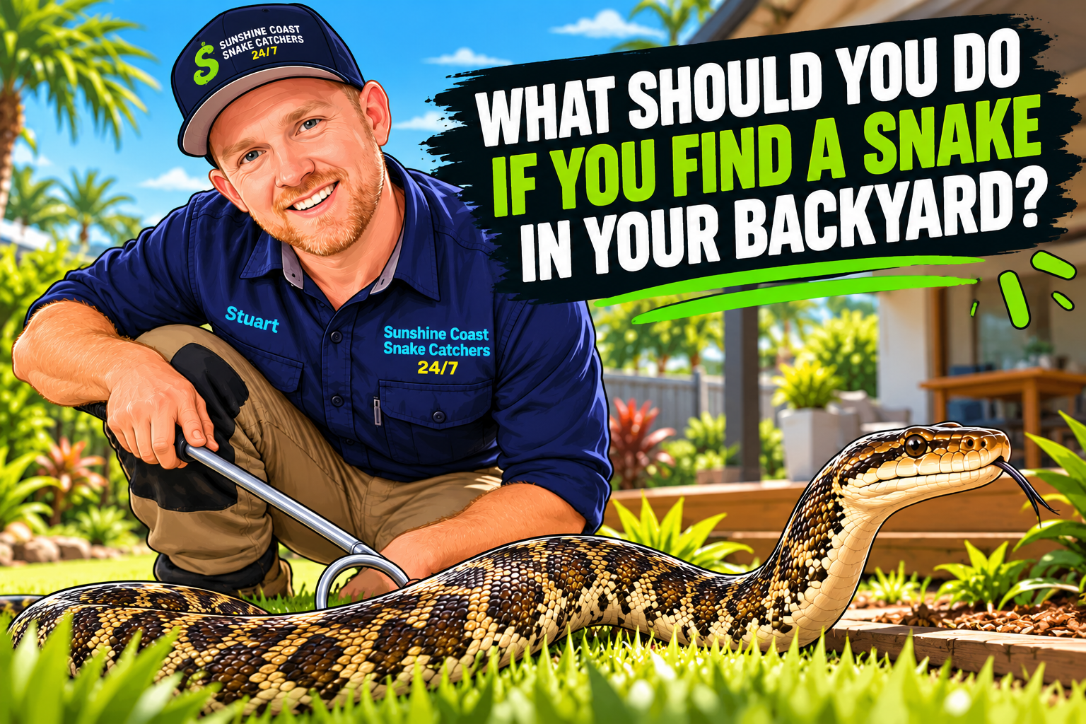 Cartoon image of Stuart McKenzie and a snake in a back yard